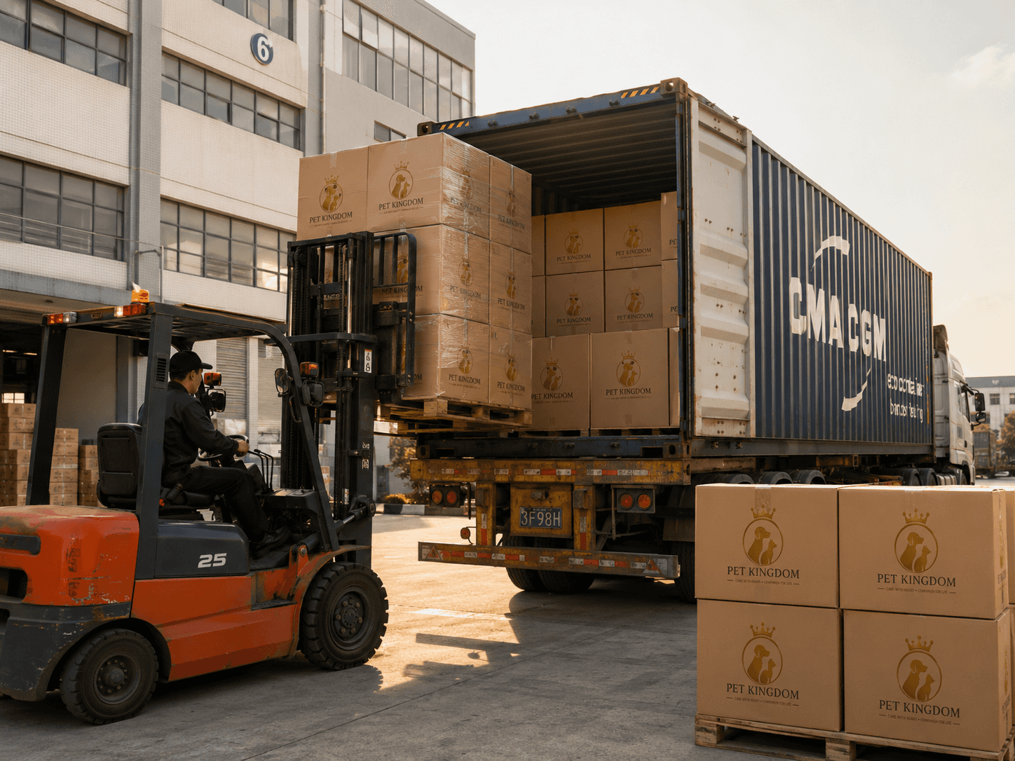 Palletized Pet Kingdom cartons loaded into an international shipping container