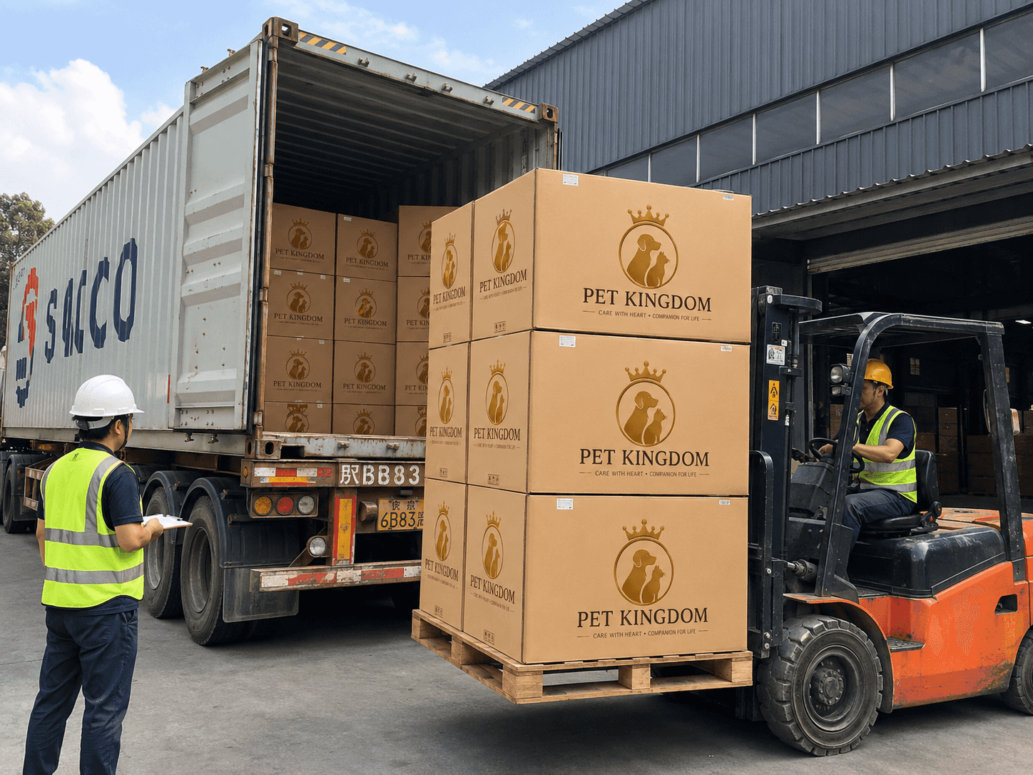 Pet Kingdom export cartons being loaded into a shipping container