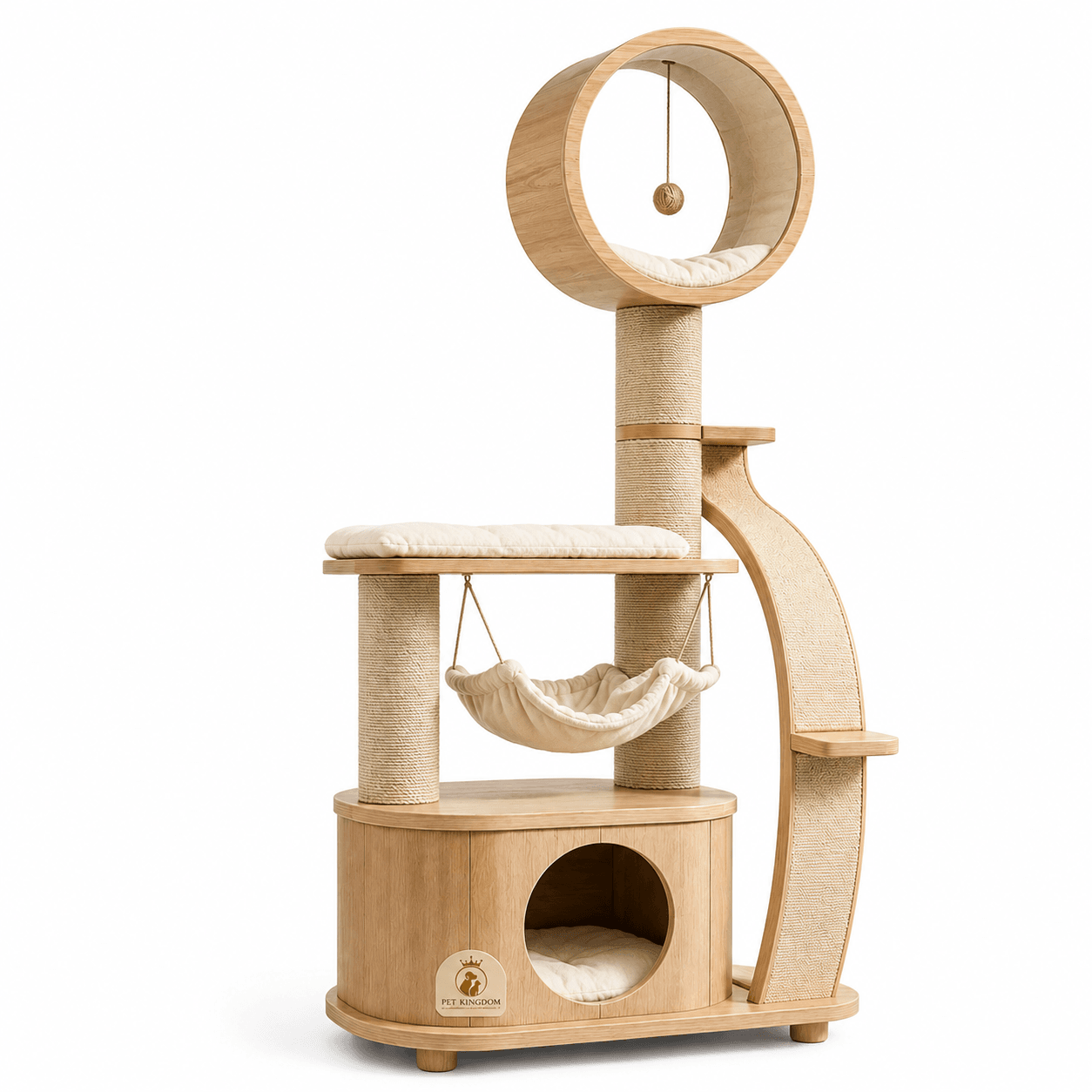 Aurora Loop Wooden Cat Tree with Hammock and Curved Scratching Ramp