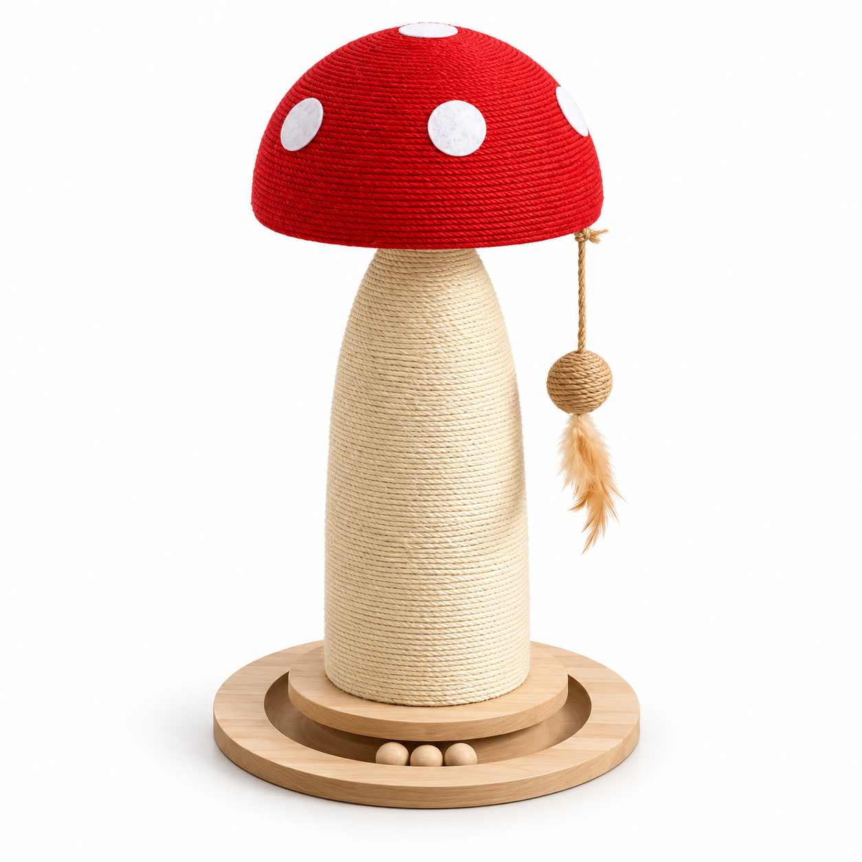 Rotating Mushroom Cat Scratching Post with Sisal Rope and Interactive Wooden Ball Track