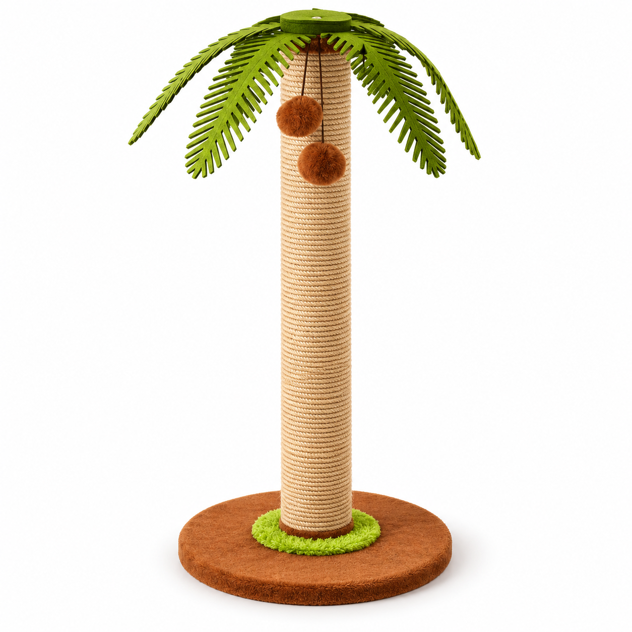 Palm Tree Cat Scratching Post with Sisal-Wrapped Column, Green Palm Fronds and Hanging Pom-Pom Toys
