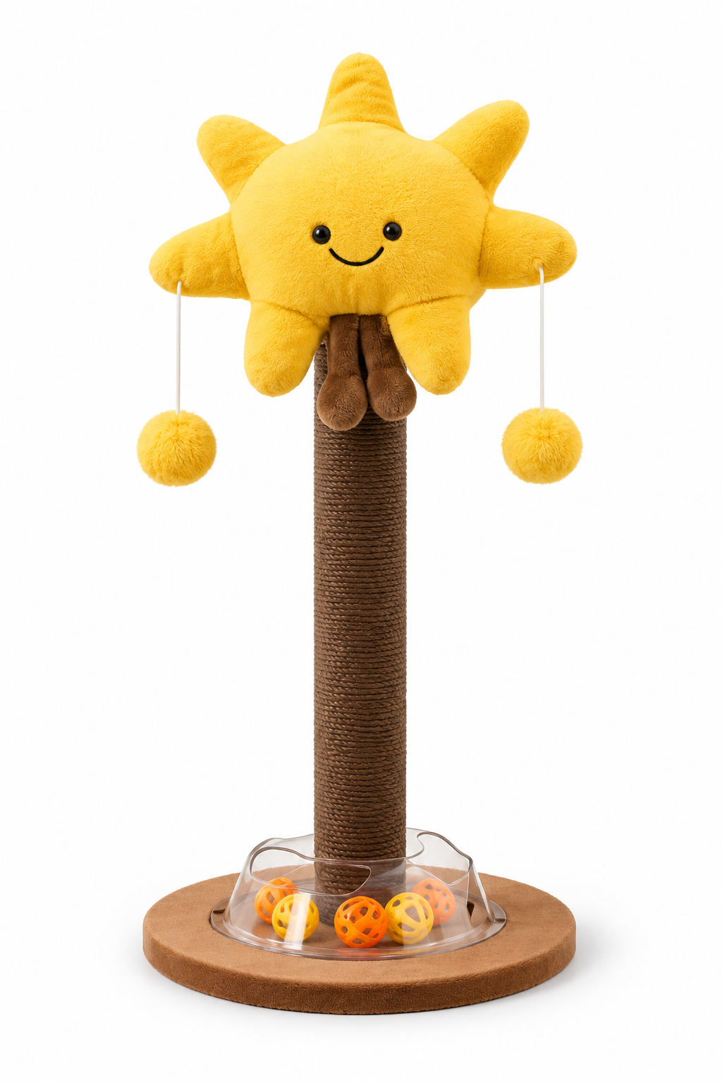 Star Cat Scratching Post with Plush Yellow Star, Hanging Pom-Pom Toys and Interactive Ball Track