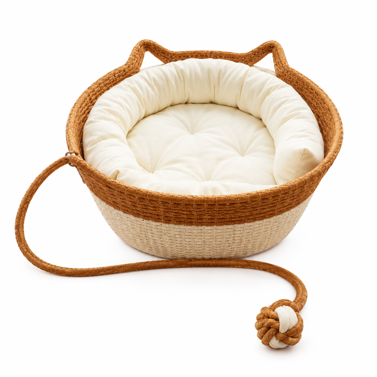 Round Woven Cat Bed with Plush Cushion